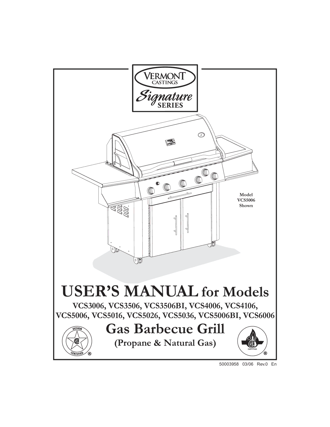 Vermont Casting VCS50 6, VCS6006 G user manual USER’S Manual for Models 