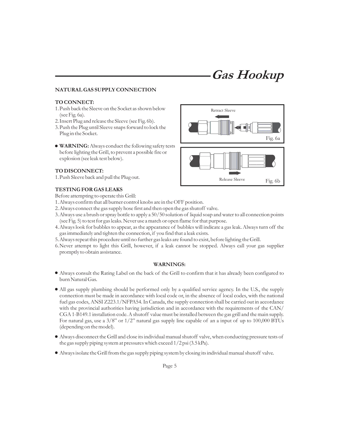 Vermont Casting VCS50 6, VCS6006 G Natural GAS Supply Connection To Connect, To Disconnect, Testing for GAS Leaks 