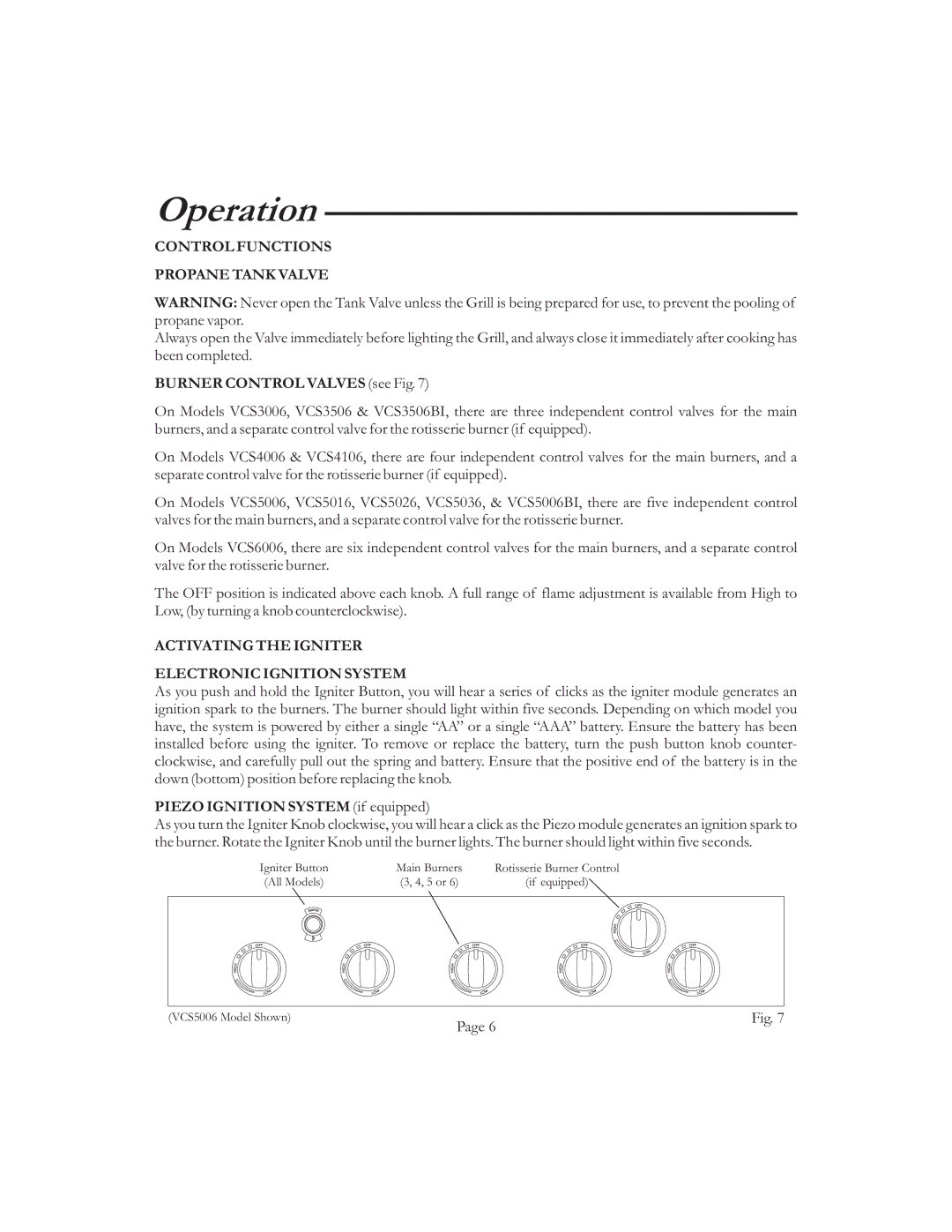 Vermont Casting VCS6006 G, VCS50 6 Operation, Control Functions Propane Tank Valve, Burner Control Valves see Fig 