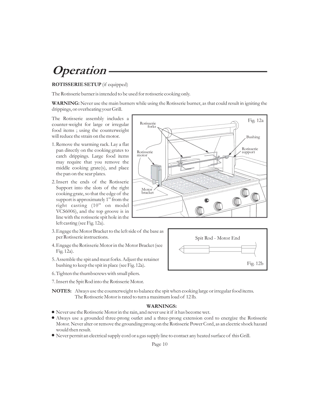 Vermont Casting VCS6006 G, VCS50 6 user manual Rotisserie Setup if equipped 