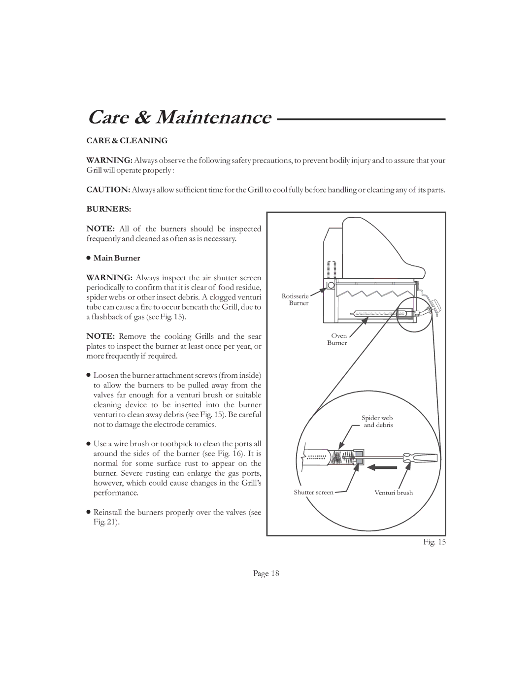 Vermont Casting VCS6006 G, VCS50 6 user manual Care & Maintenance, Care & Cleaning Burners, Main Burner 