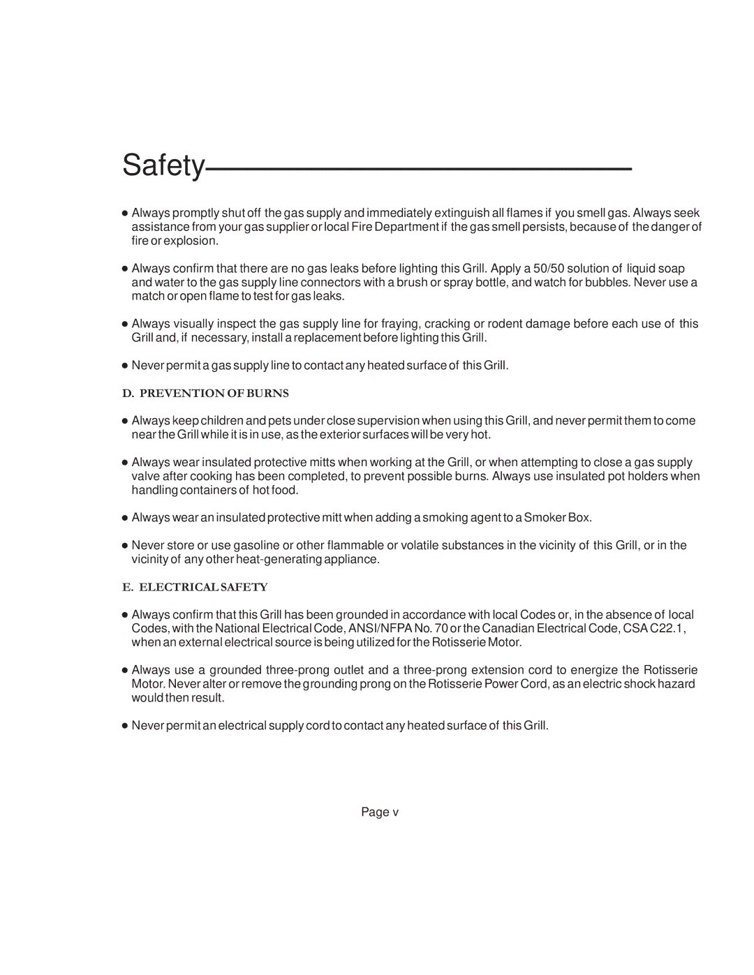 Vermont Casting VCS6006 G, VCS50 6 user manual Prevention of Burns, Electrical Safety 