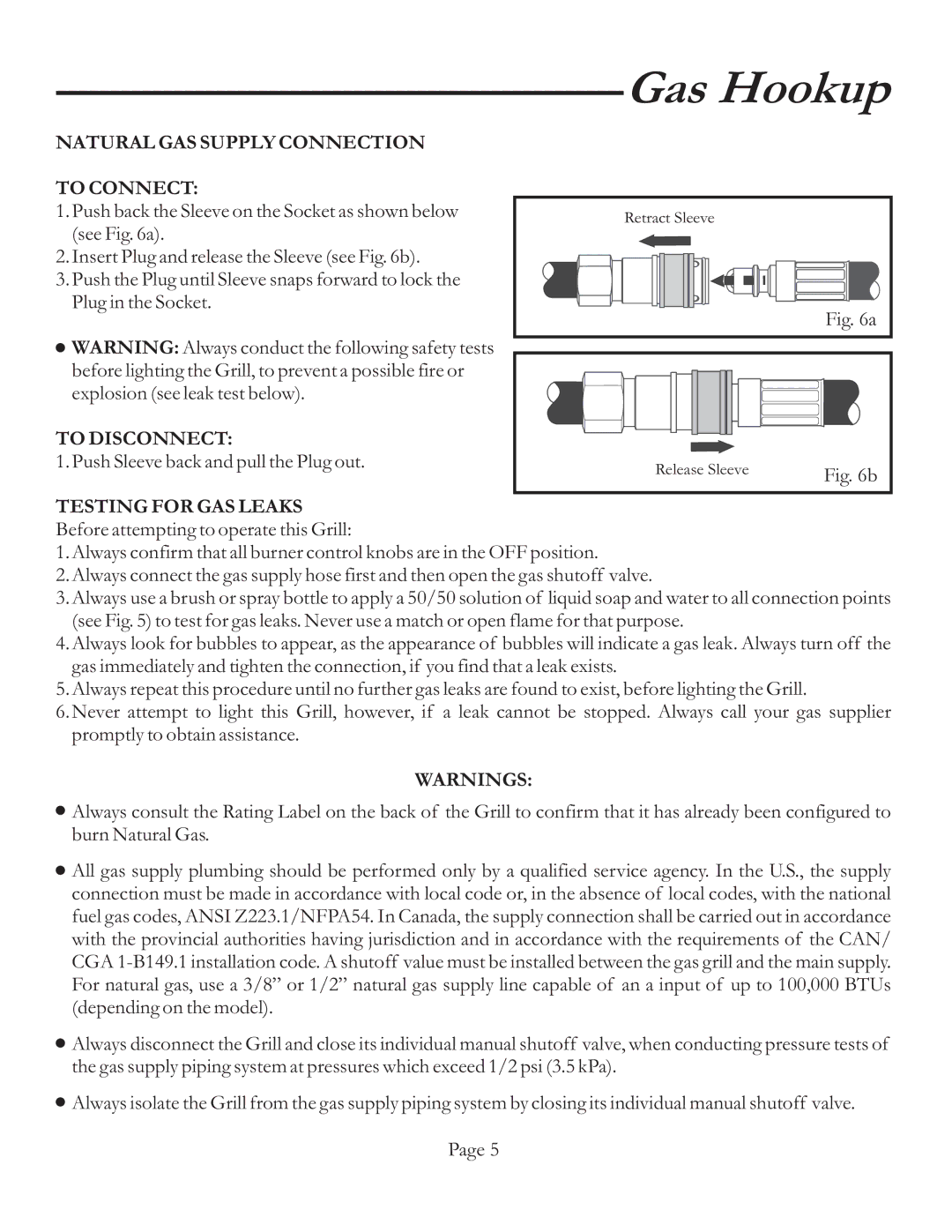 Vermont Casting VCS3506, VCS6006, VCS5006BI Natural GAS Supply Connection To Connect, To Disconnect, Testing for GAS Leaks 