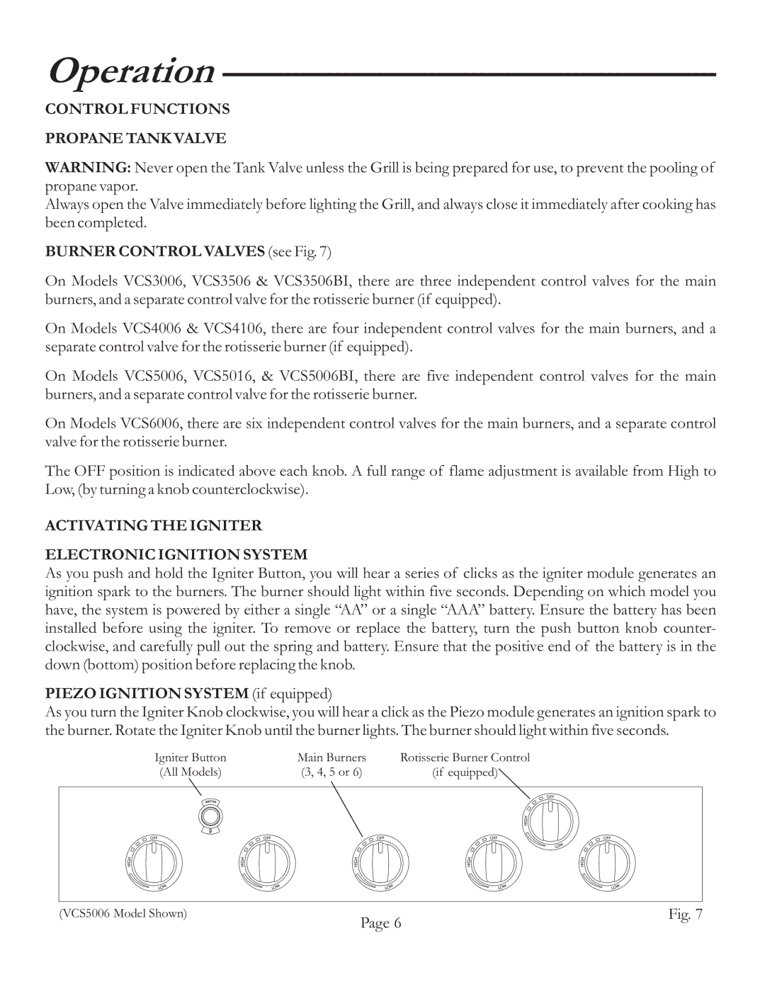 Vermont Casting VCS5016, VCS6006, VCS5006BI Operation, Control Functions Propane Tank Valve, Burner Control Valves see Fig 