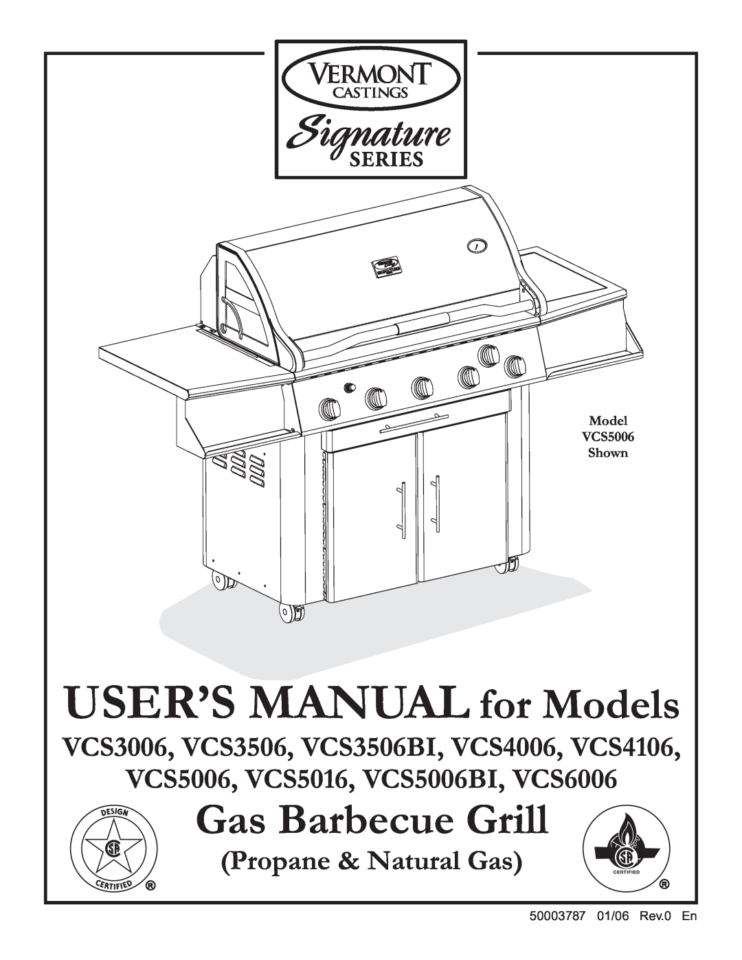 Vermont Casting VCS5006BI user manual USER’S MANUAL for Models, Gas Barbecue Grill, Propane & Natural Gas, Shown, Rev.0 