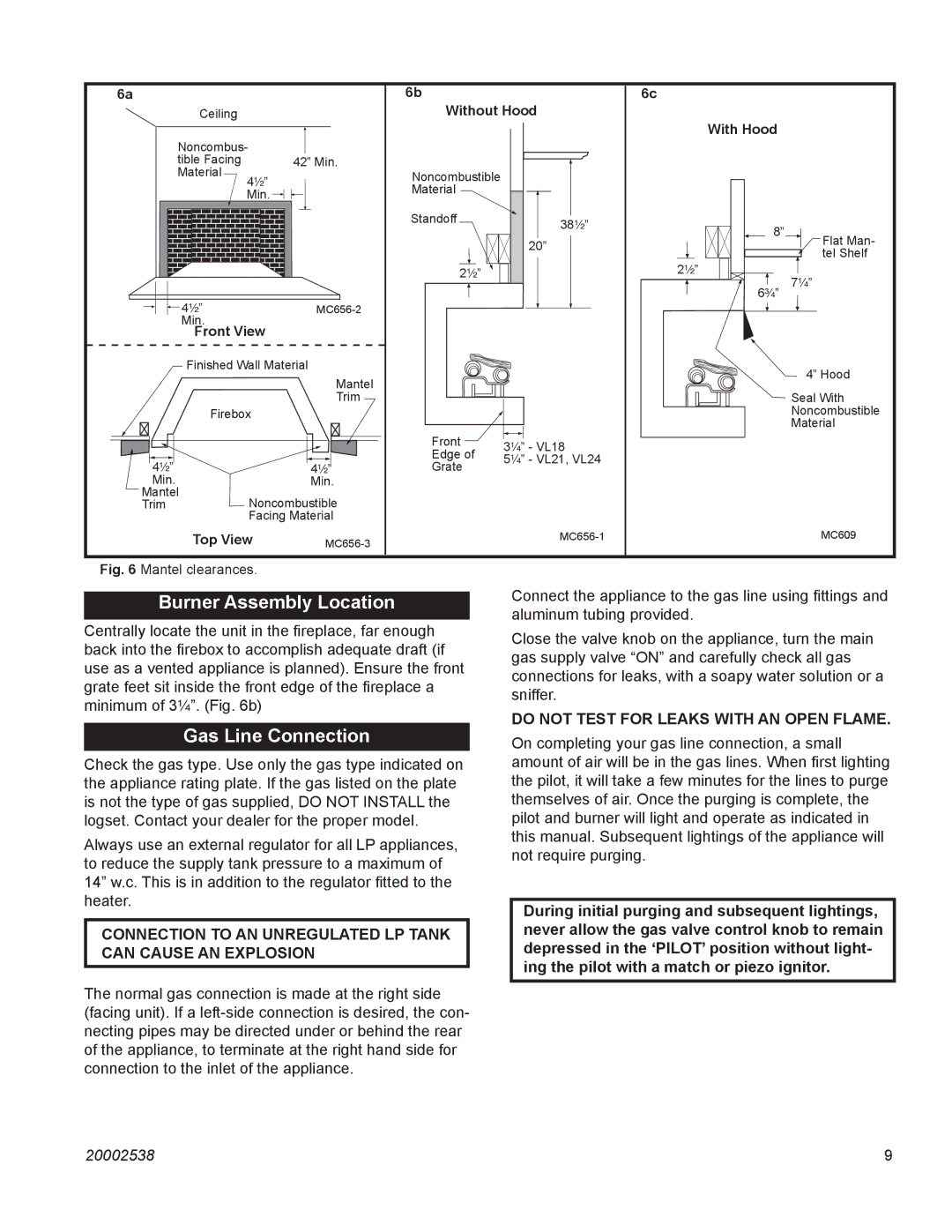 Vermont Casting VL21LP, VL24LP Burner Assembly Location, Gas Line Connection, Do not Test for Leaks with AN Open Flame 