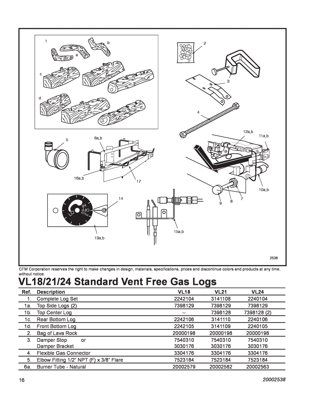 Vermont Casting VL24LP, VL18LP, VL21LP manual VL18/21/24 Standard Vent Free Gas Logs, Description, 20002538 