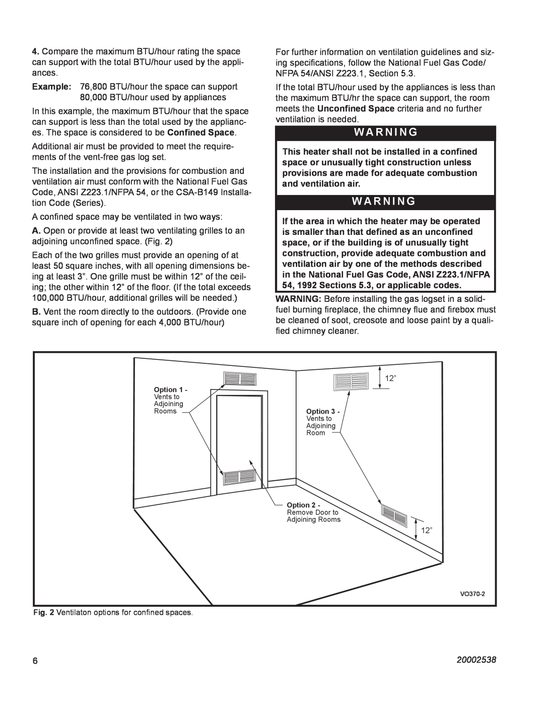 Vermont Casting VL24LP, VL18LP, VL21LP manual W A R N I N G, A conﬁned space may be ventilated in two ways, 20002538 