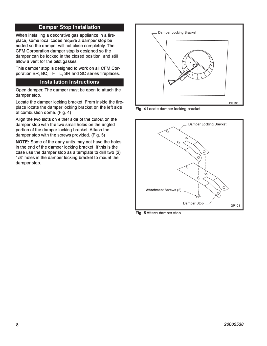 Vermont Casting VL24LP, VL18LP, VL21LP manual Damper Stop Installation, Installation Instructions, 20002538 