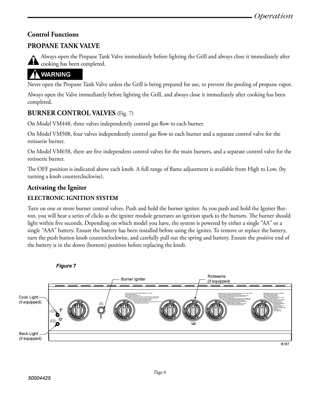 Vermont Casting VM508 Operation, Control Functions, Propane Tank Valve, Burner Control Valves Fig, Activating the Igniter 