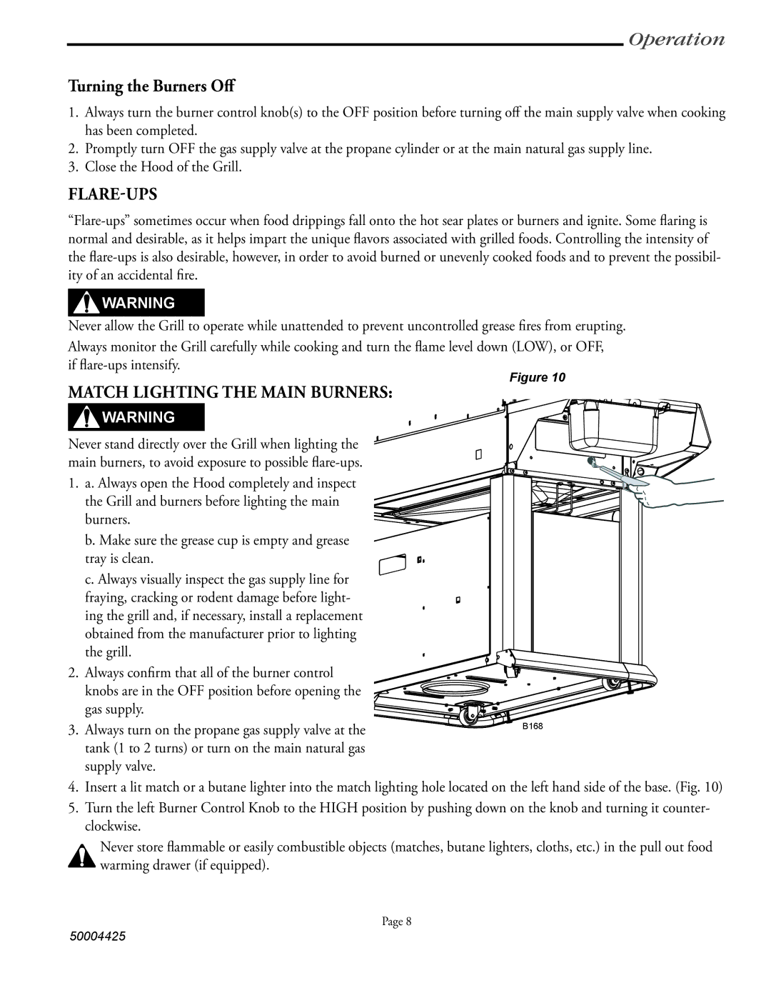 Vermont Casting VM658, VM448, VM508 user manual Turning the Burners Oﬀ, Flare-Ups, Match Lighting the Main Burners 