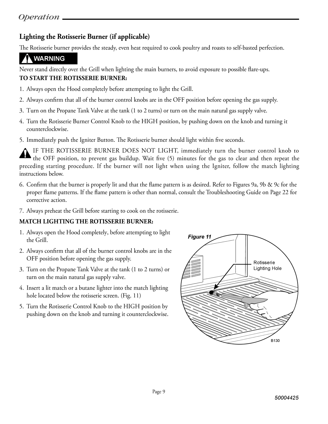 Vermont Casting VM508, VM448, VM658 user manual Lighting the Rotisserie Burner if applicable, To Start the Rotisserie Burner 