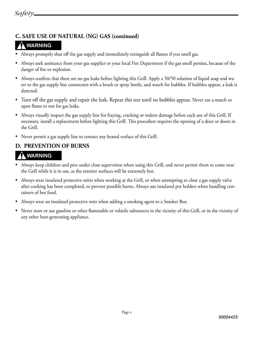 Vermont Casting VM658, VM448, VM508 user manual Safety, Safe USE of Natural NG GAS, Prevention of Burns 