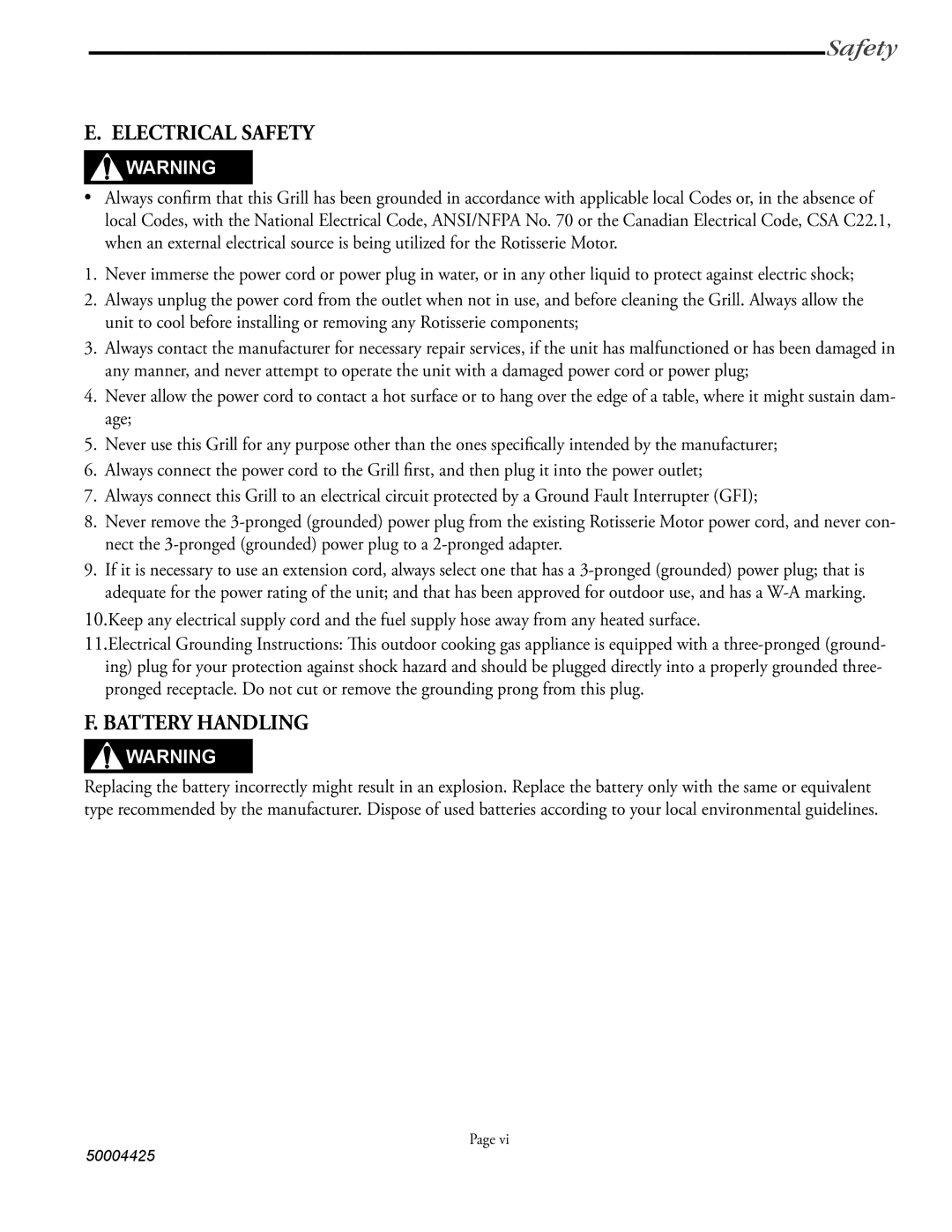 Vermont Casting VM508, VM448, VM658 user manual Electrical Safety, Battery Handling 