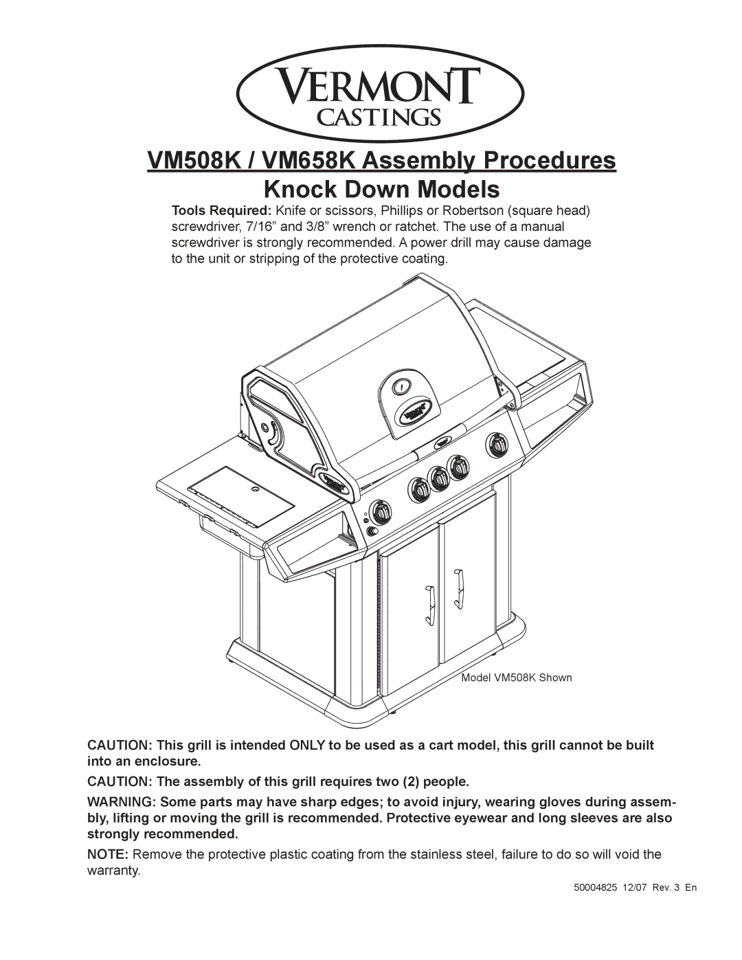 Vermont Casting warranty VM508K / VM658K Assembly Procedures Knock Down Models 