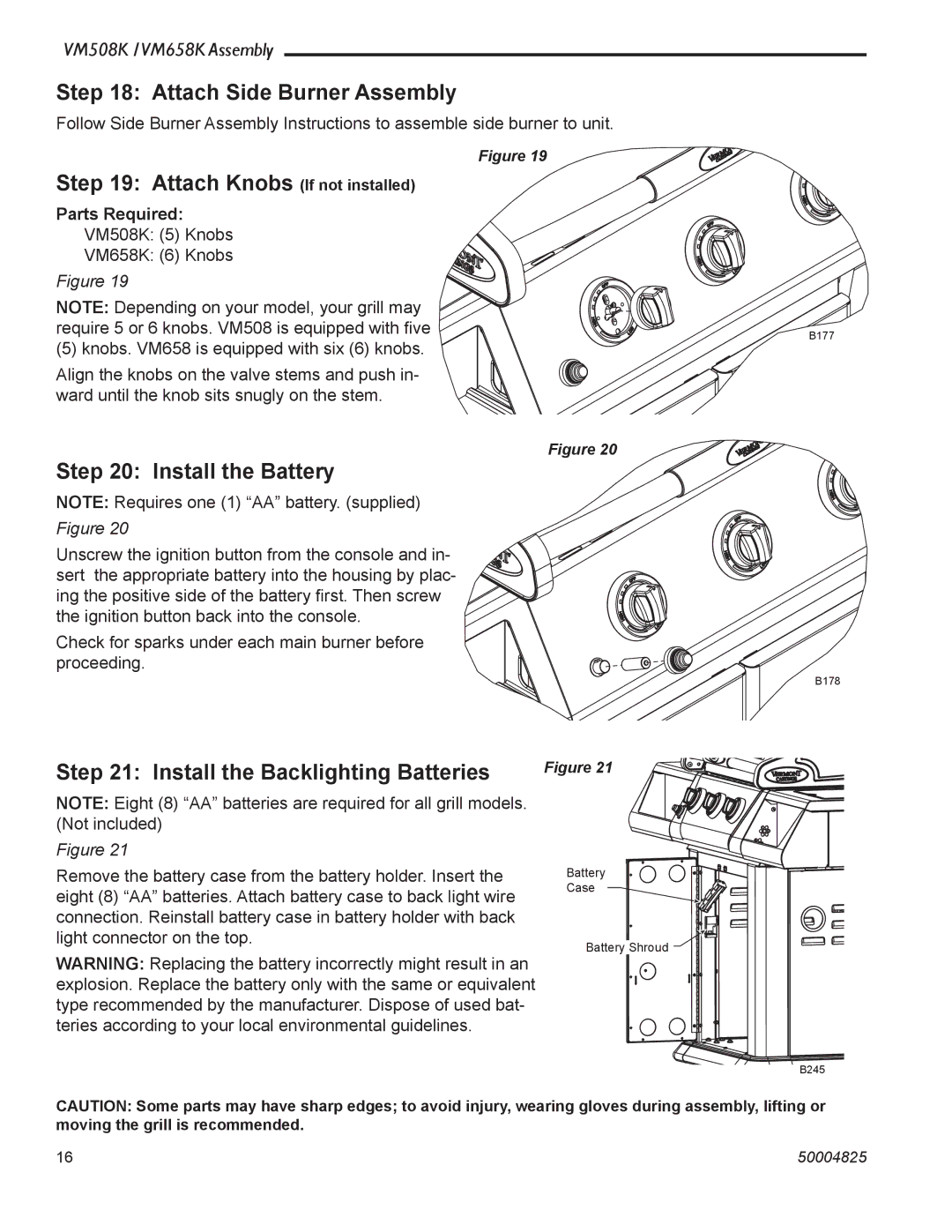 Vermont Casting VM508K warranty Attach Side Burner Assembly, Attach Knobs If not installed, Install the Battery 