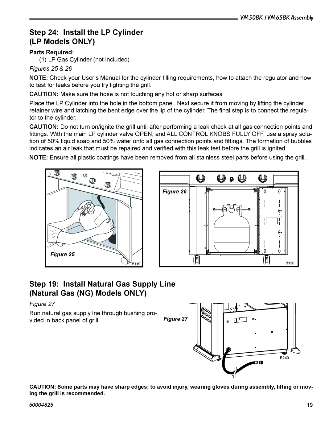 Vermont Casting VM508K Install the LP Cylinder LP Models only, Install Natural Gas Supply Line Natural Gas NG Models only 