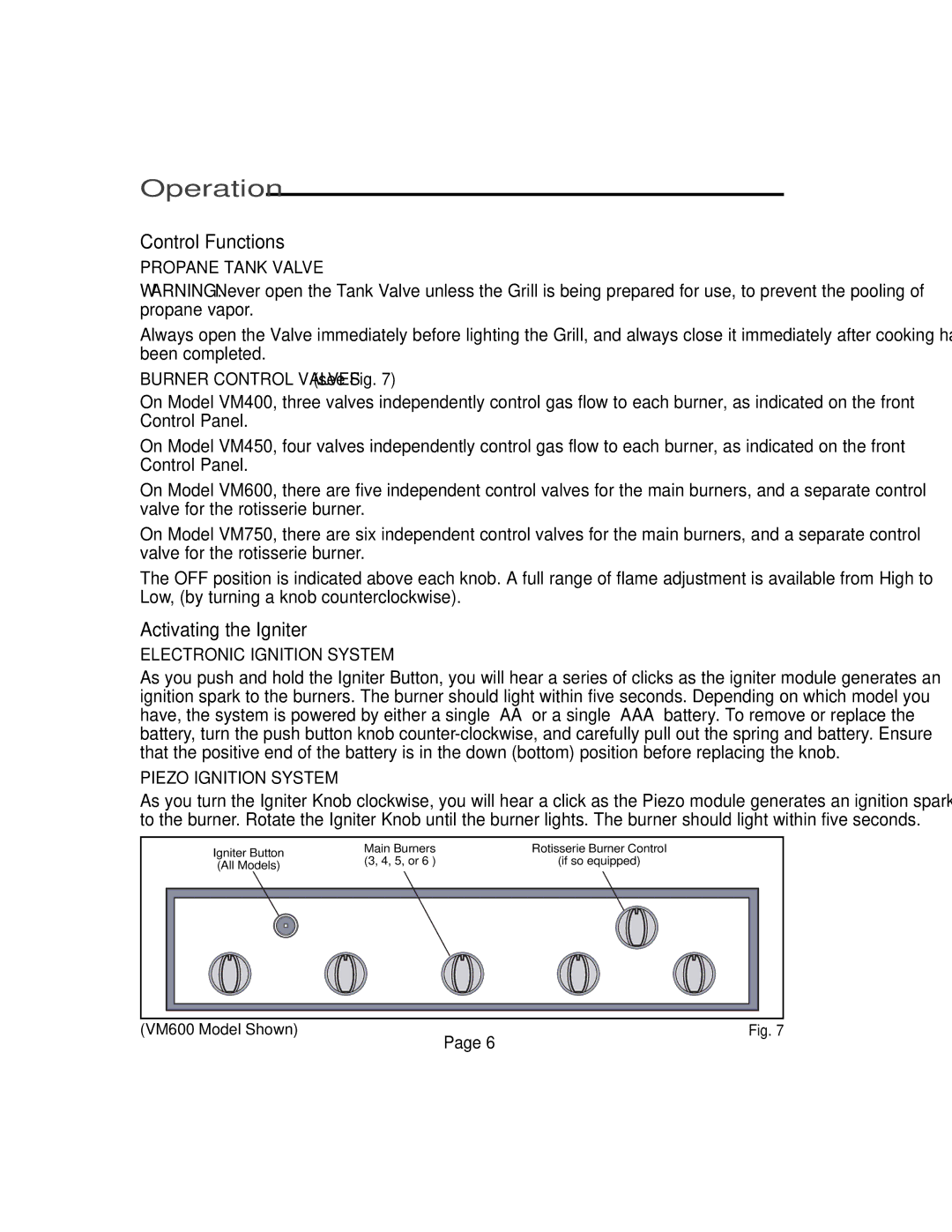 Vermont Casting VM750, VM600, VM450, VM400 user manual Operation, Control Functions, Activating the Igniter 