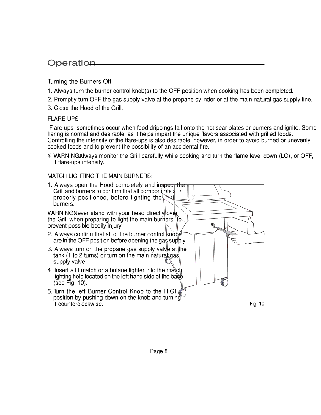 Vermont Casting VM450, VM750, VM600, VM400 user manual Turning the Burners Off, Flare-Ups, Match Lighting the Main Burners 