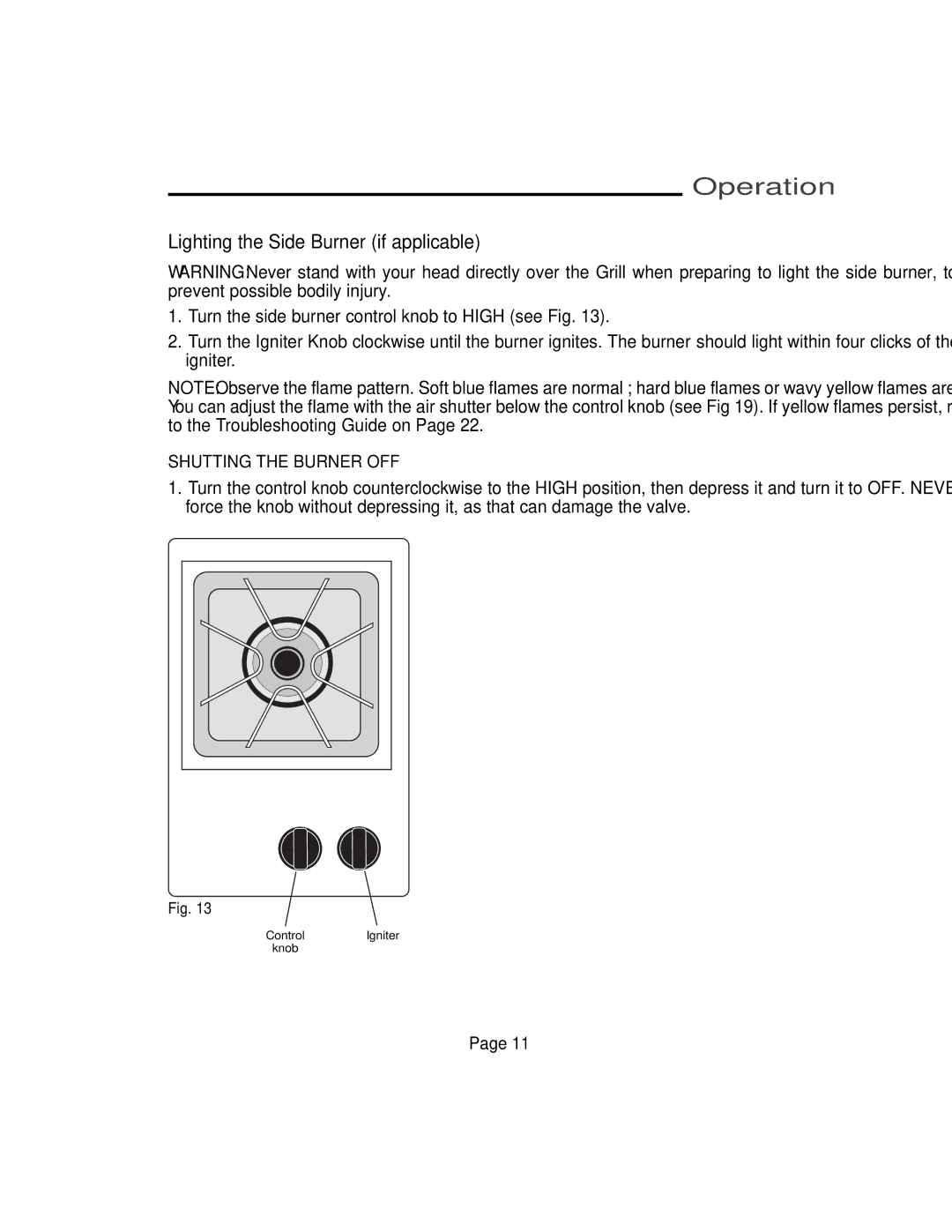 Vermont Casting VM600, VM750, VM450, VM400 user manual Lighting the Side Burner if applicable, Shutting the Burner OFF 