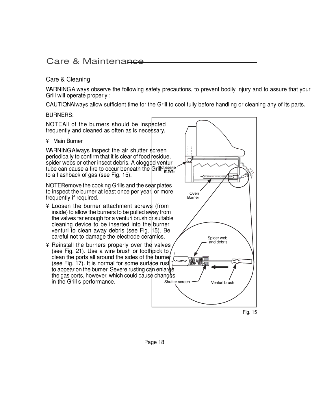 Vermont Casting VM750, VM600, VM450, VM400 user manual Care & Maintenance, Care & Cleaning, Burners, Main Burner 