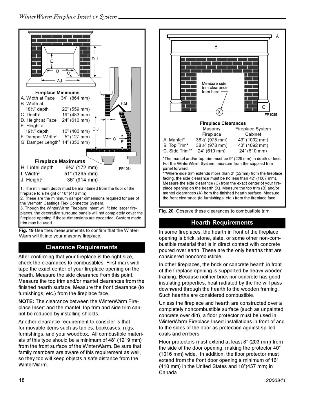 Vermont Casting WinterWarm Fireplace Insert or System Clearance Requirements, Hearth Requirements, Fireplace Maximums 