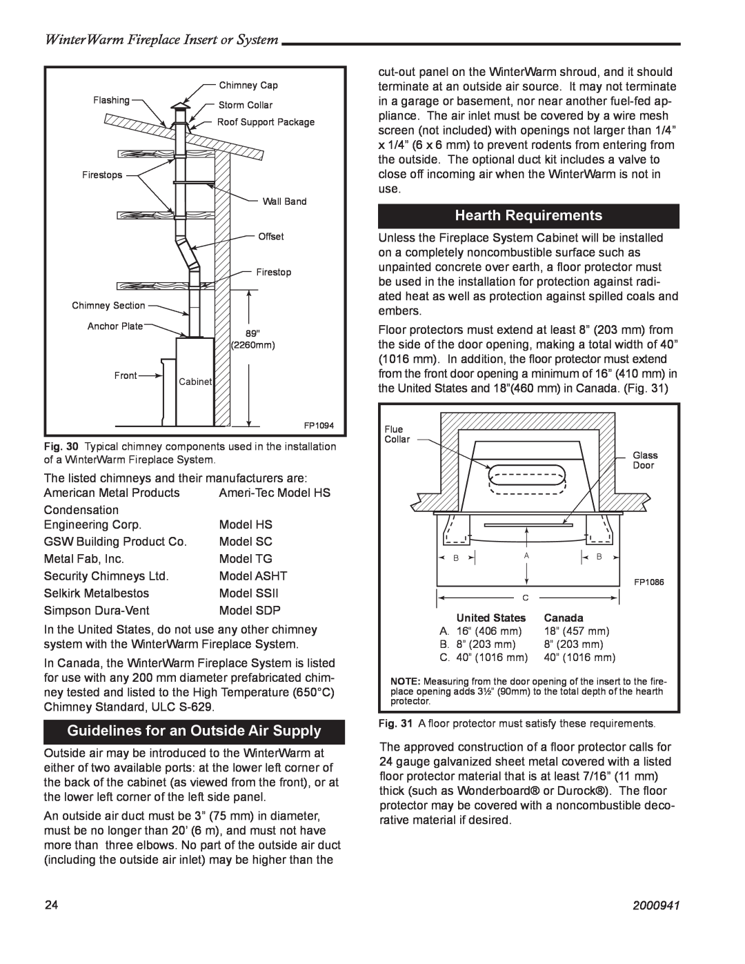Vermont Casting WinterWarm Fireplace Insert or System Guidelines for an Outside Air Supply, Hearth Requirements, 2000941 