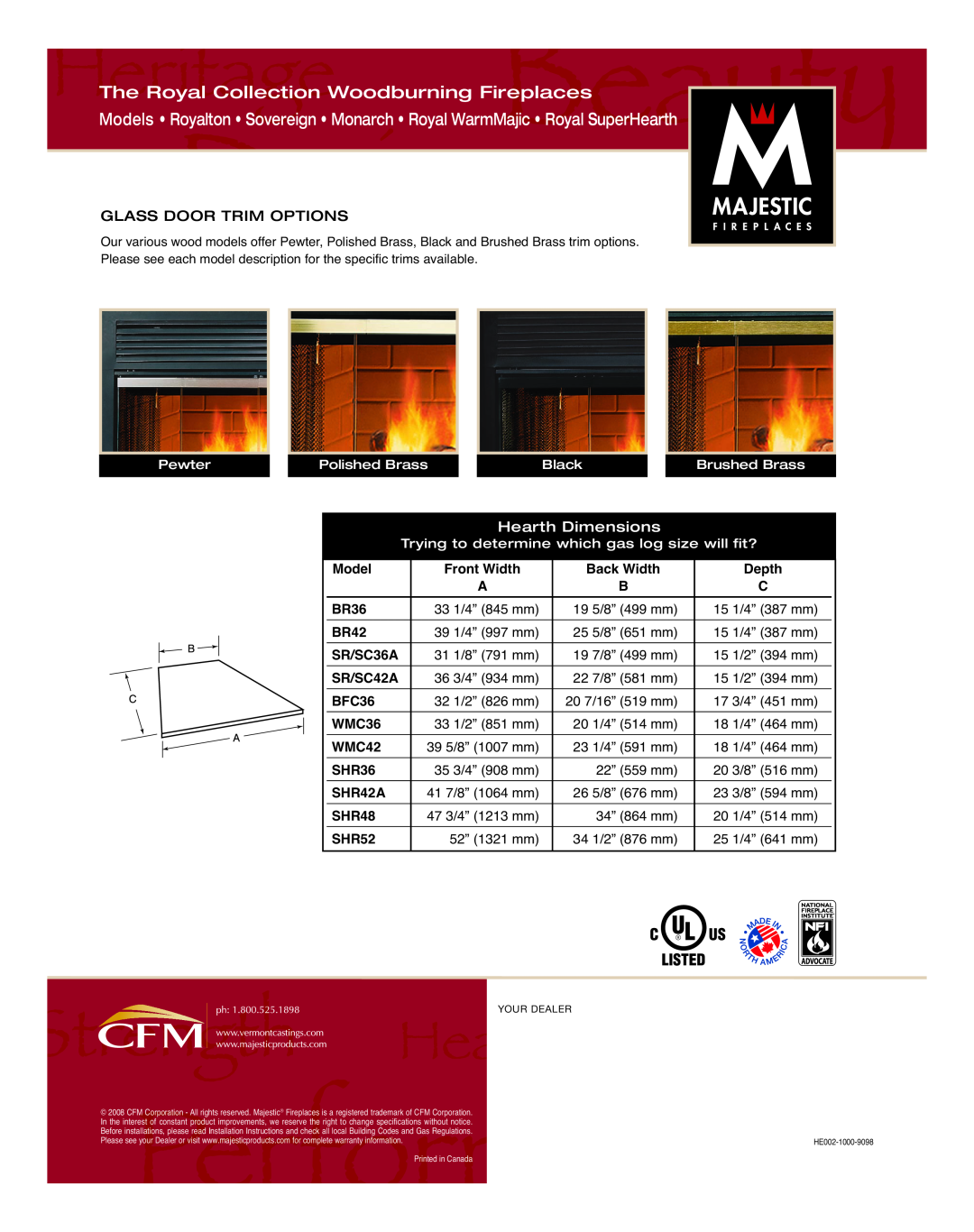 Vermont Casting WMC36 Hearth Dimensions, The Royal Collection Woodburning Fireplaces, Model, Front Width, Back Width, BR36 
