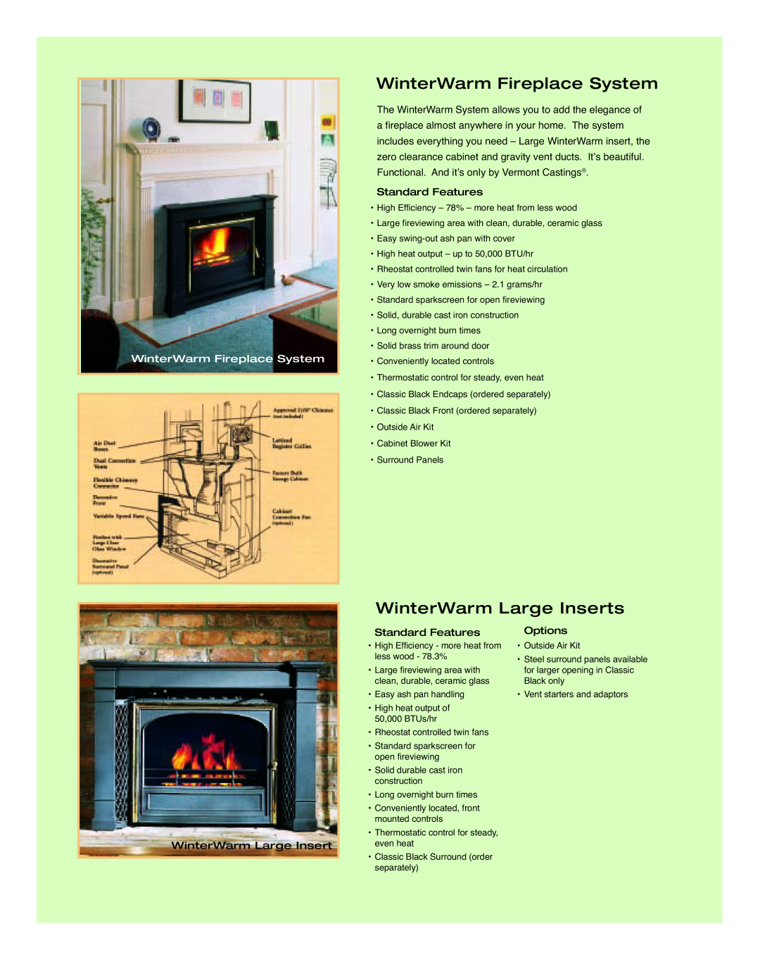 Vermont Casting Wood Fireplace manual WinterWarm Fireplace System, WinterWar m Large Inserts, Standard Features 