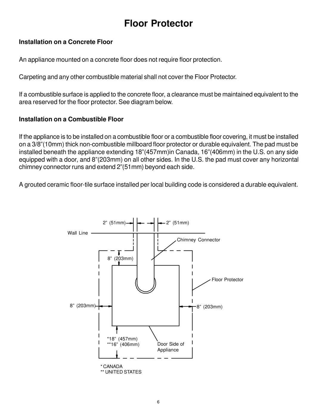 Vermont Casting WOOD STOVE owner manual Installation on a Concrete Floor, Installation on a Combustible Floor 