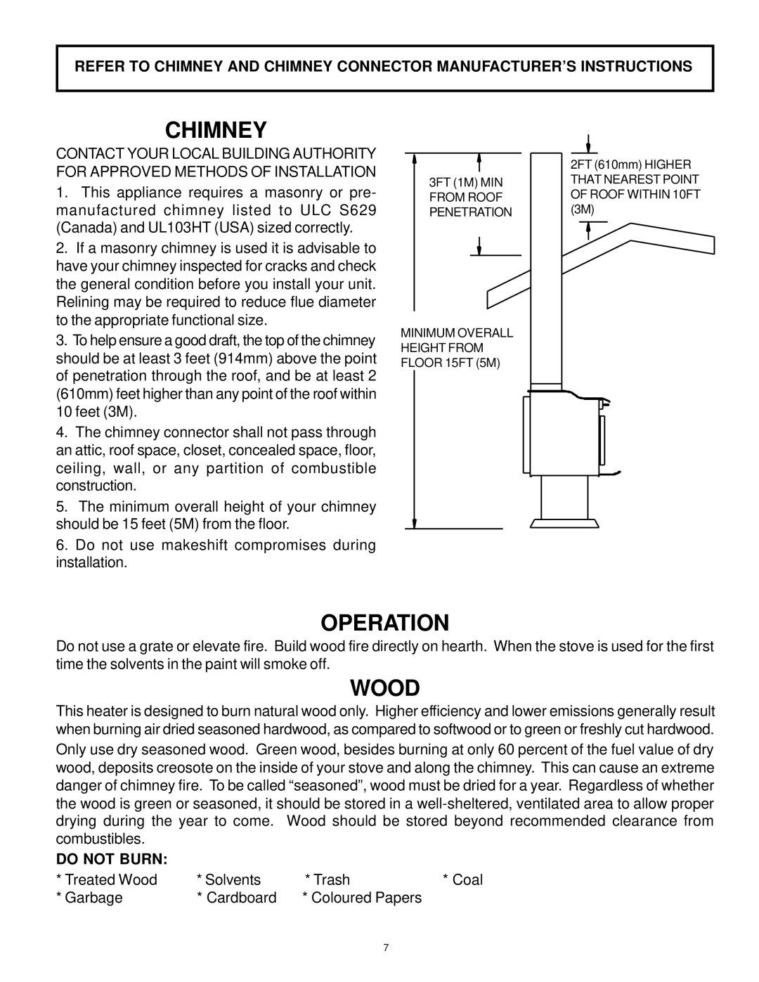 Vermont Casting WOOD STOVE owner manual Chimney, Operation, Wood 