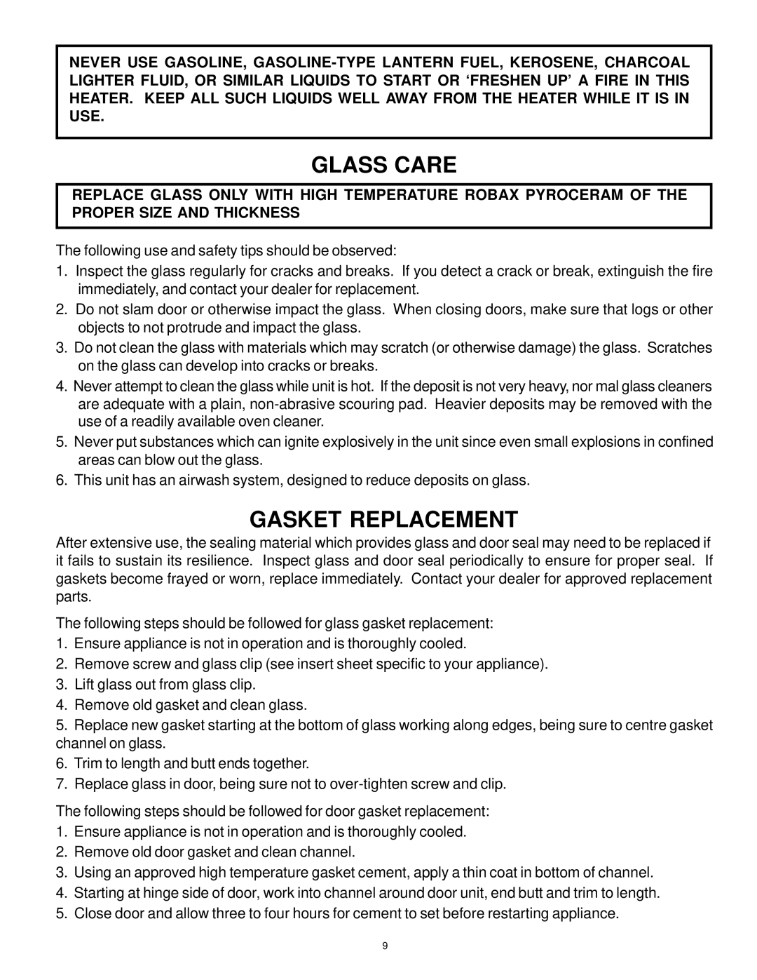 Vermont Casting WOOD STOVE owner manual Glass Care, Gasket Replacement 