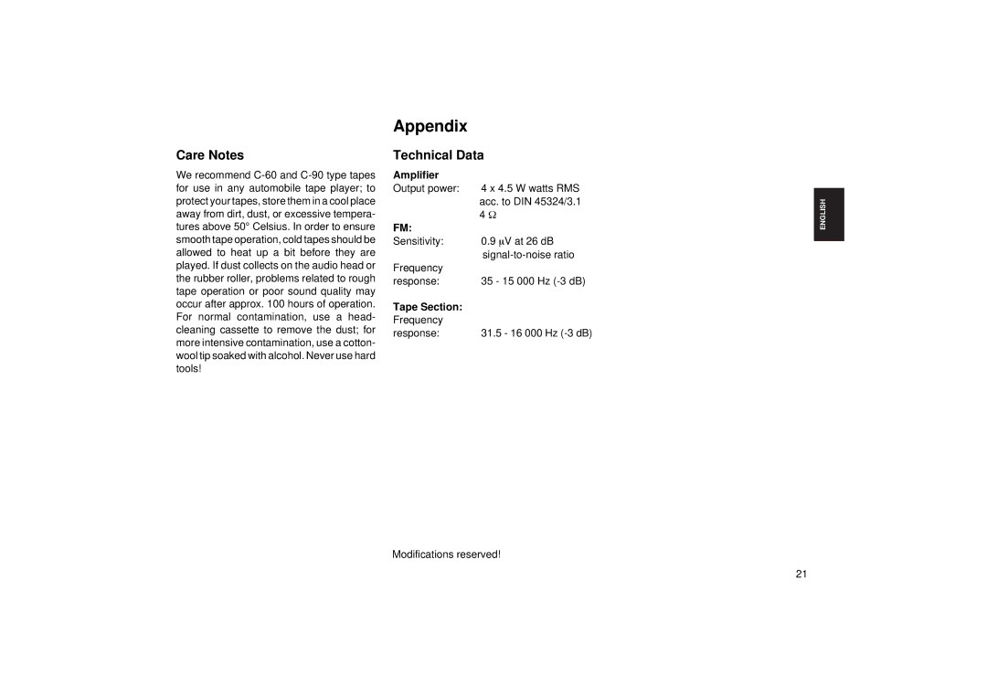 Verona CR 43 manual Appendix, Care Notes, Technical Data, Amplifier 