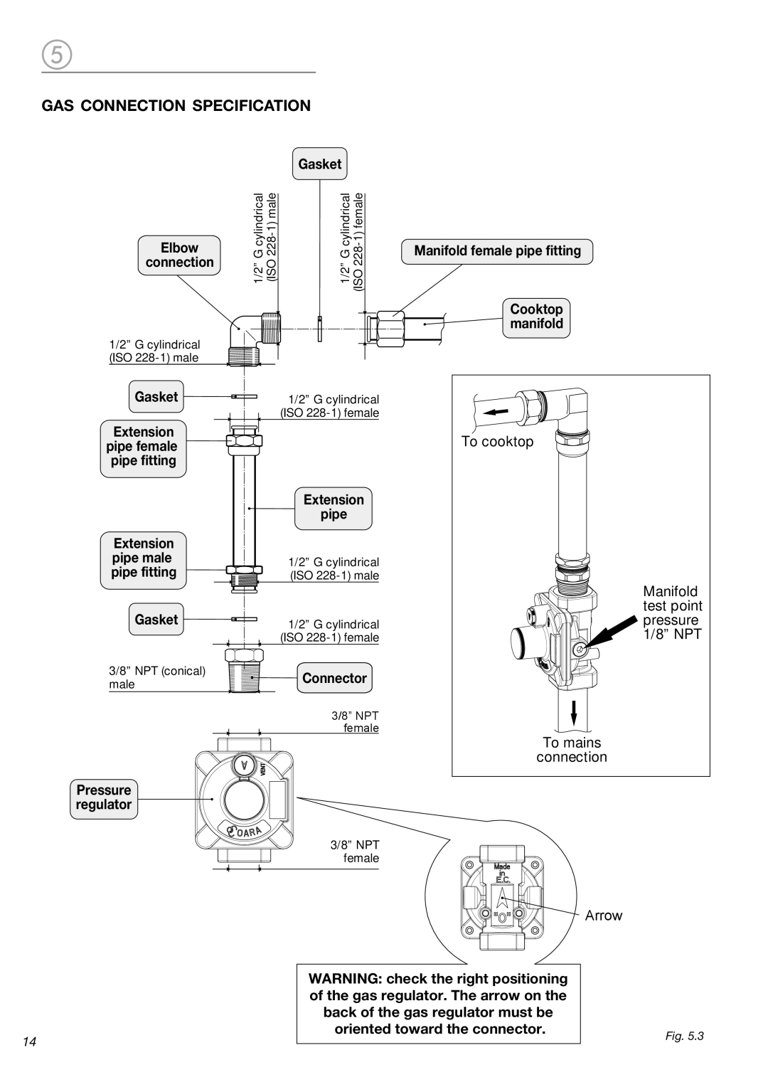 Verona CTG212FD warranty GAS Connection Specification, Gasket 