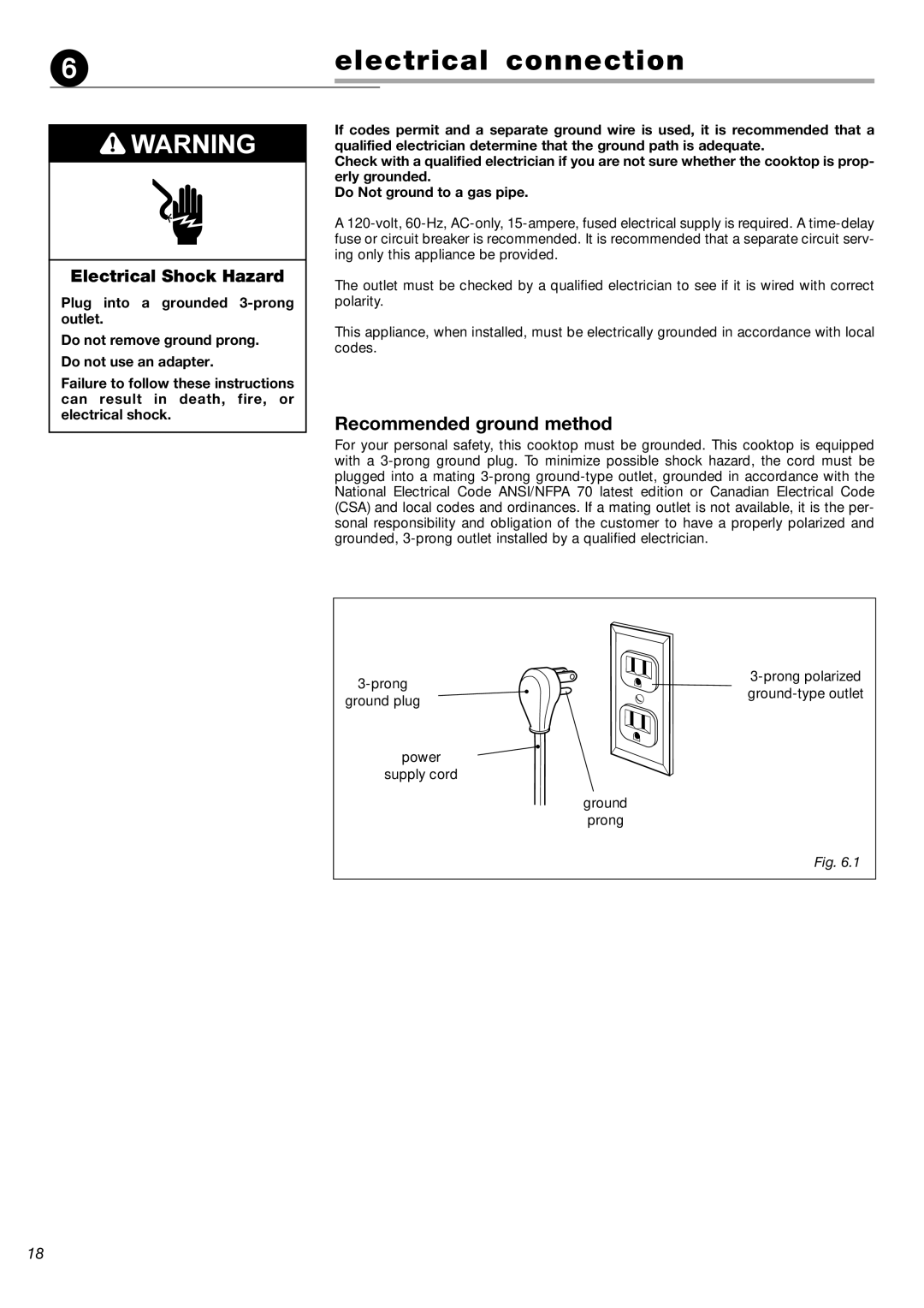 Verona CTG212FD warranty Electrical connection, Recommended ground method 