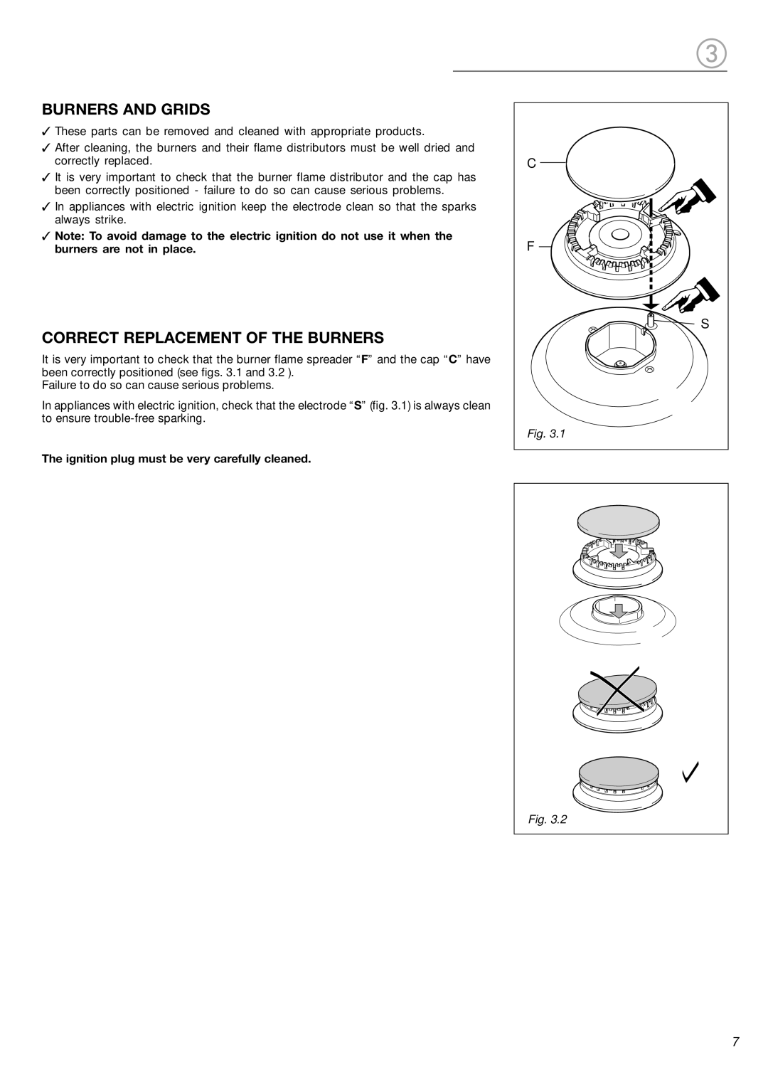 Verona CTG212FD warranty Burners and Grids, Correct Replacement of the Burners 