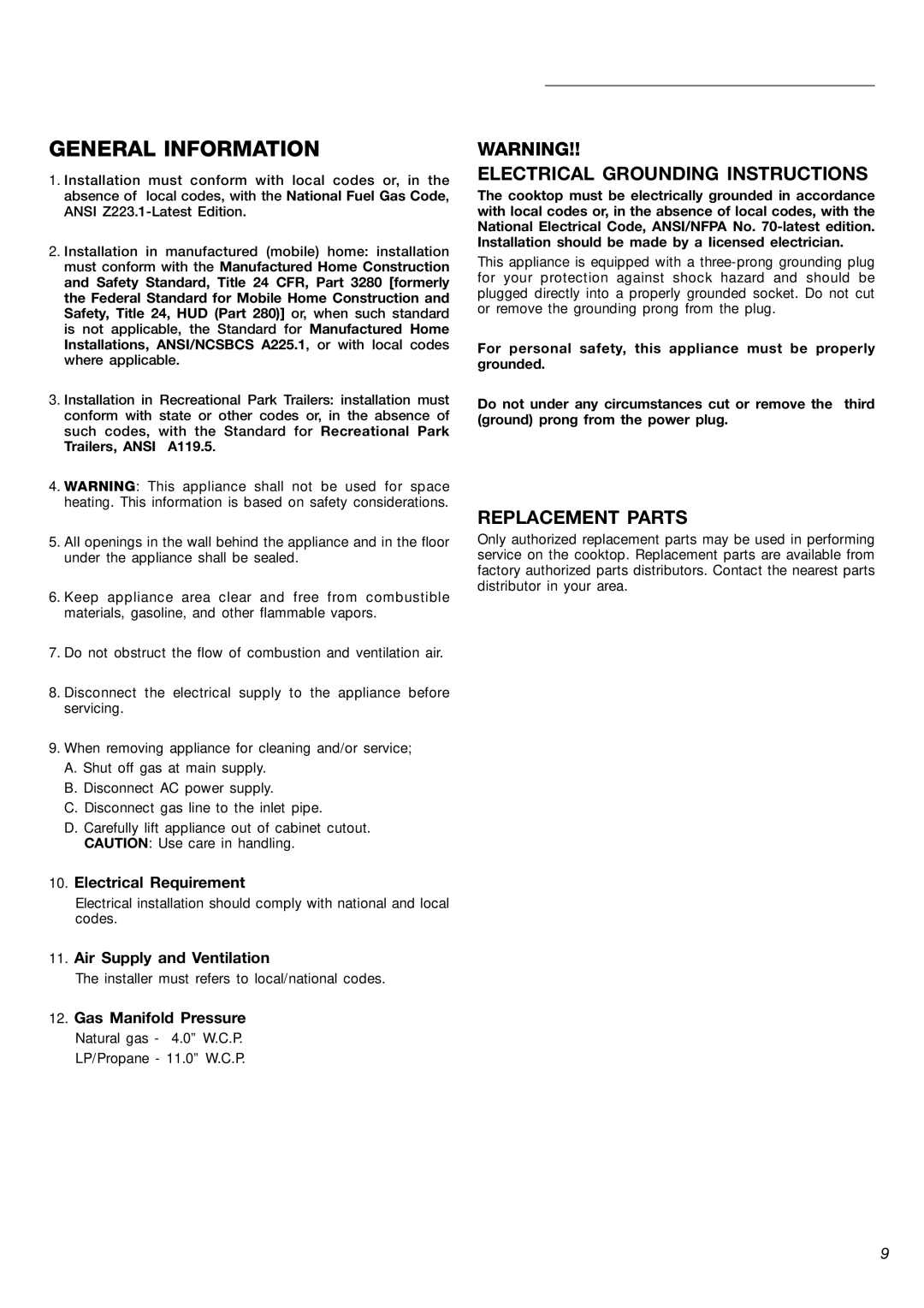 Verona CTG212FD warranty Electrical Grounding Instructions, Replacement Parts 