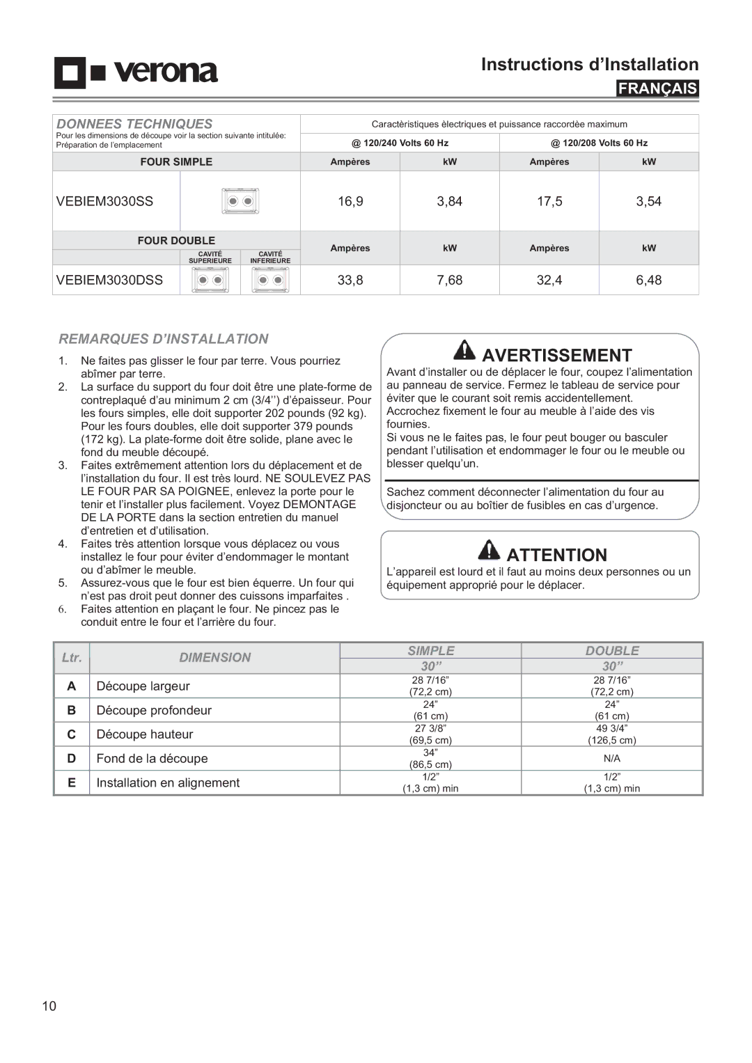 Verona VEBIEM3030SS, VEBIEM3030DSS manual Remarques D’INSTALLATION, Simple Double 