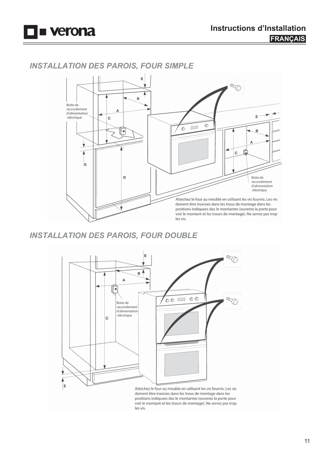 Verona VEBIEM3030DSS, VEBIEM3030SS manual Instructions d’Installation 