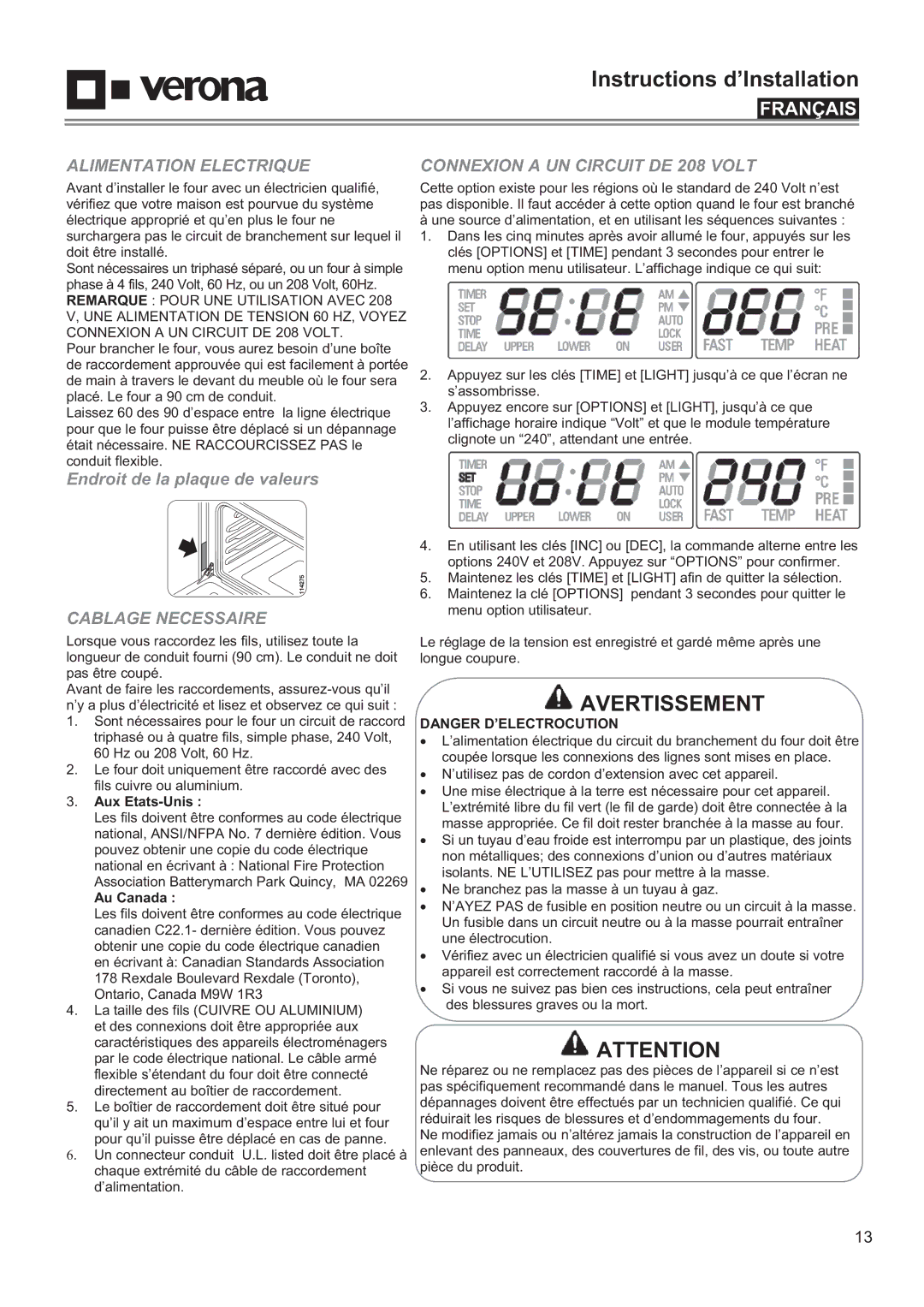 Verona VEBIEM3030DSS, VEBIEM3030SS manual Alimentation Electrique, Cablage Necessaire, Connexion a UN Circuit DE 208 Volt 