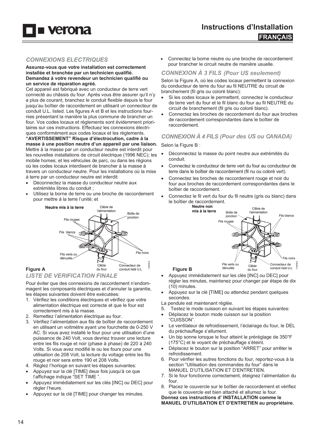 Verona VEBIEM3030SS, VEBIEM3030DSS manual Connexions Electriques, Liste DE Verification Finale 