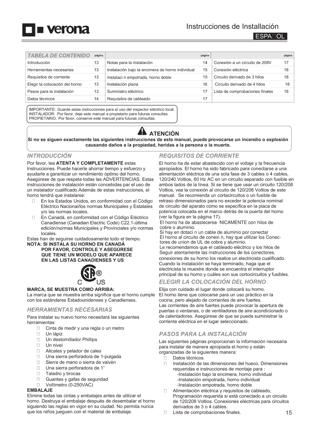 Verona VEBIEM3030DSS manual Introducción, Herramientas Necesarias, Requisitos DE Corriente, Elegir LA Colocación DEL Horno 