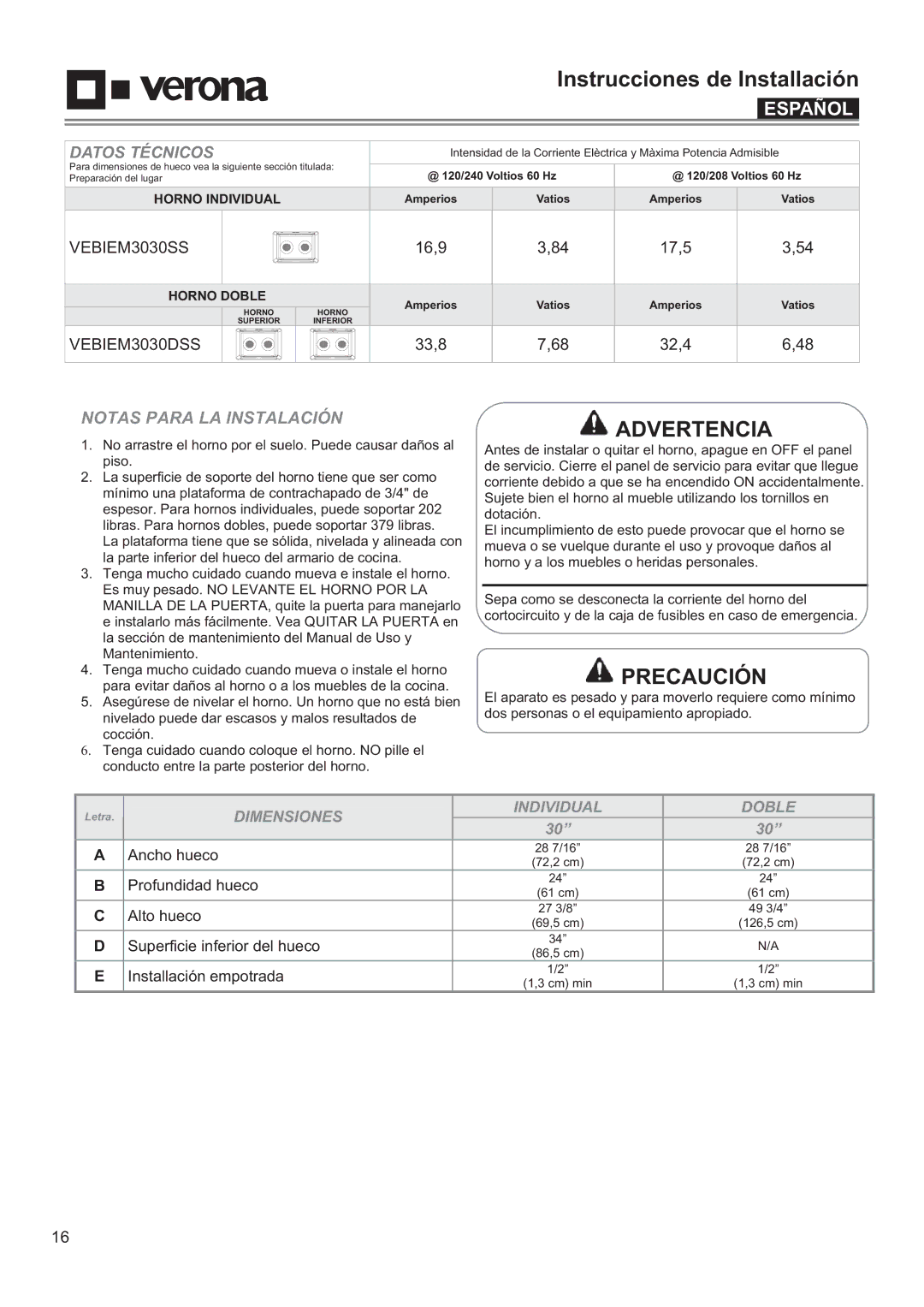 Verona VEBIEM3030SS, VEBIEM3030DSS manual Español, Notas Para LA Instalación 