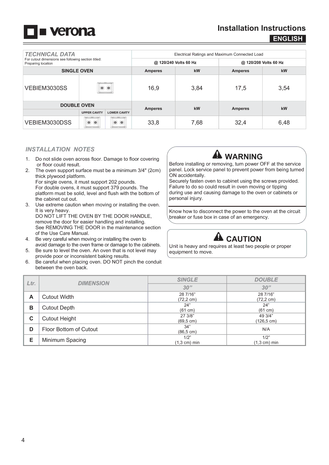 Verona VEBIEM3030SS, VEBIEM3030DSS manual Installation Notes, Technical Data 