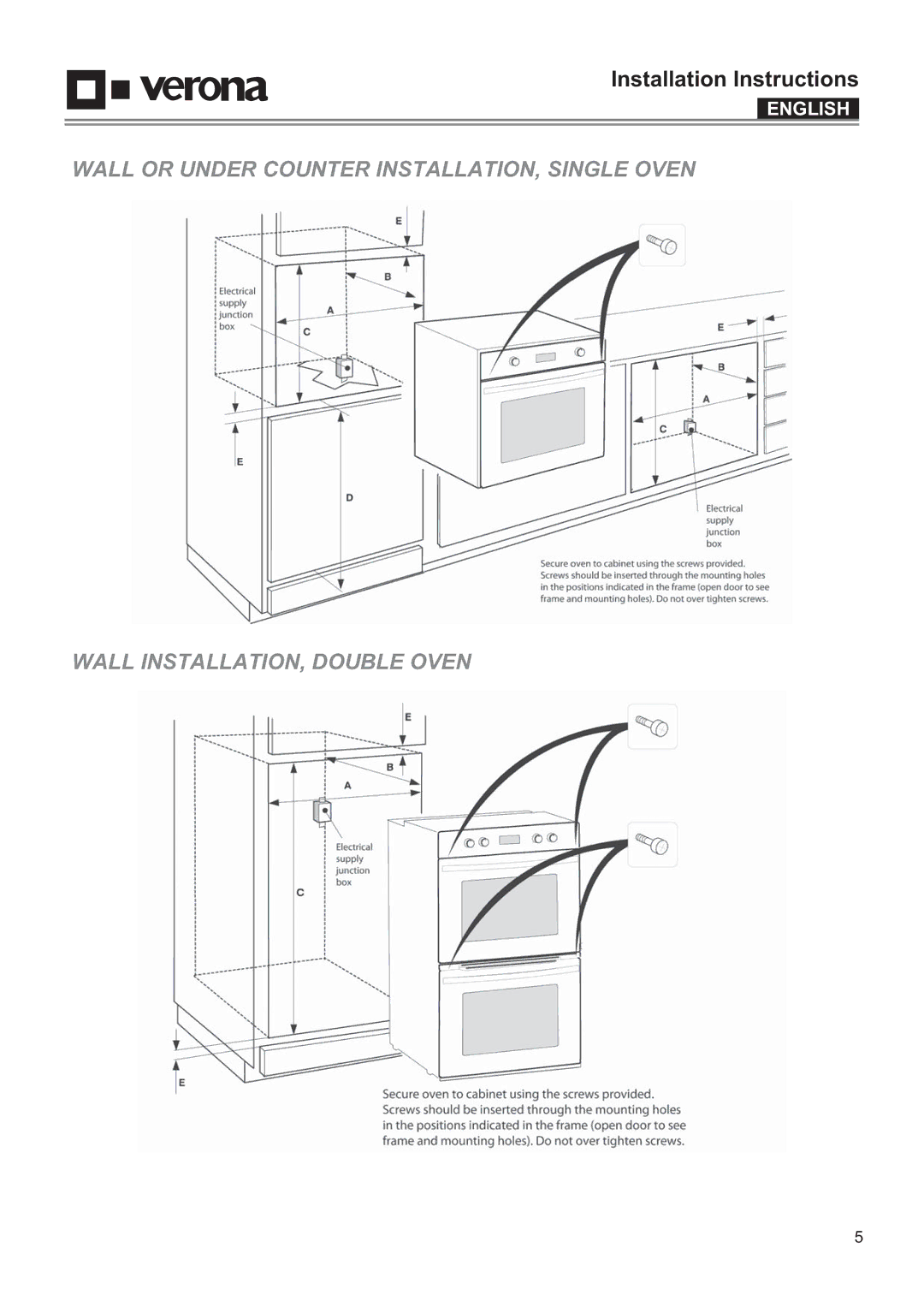 Verona VEBIEM3030DSS, VEBIEM3030SS manual Installation Instructions 