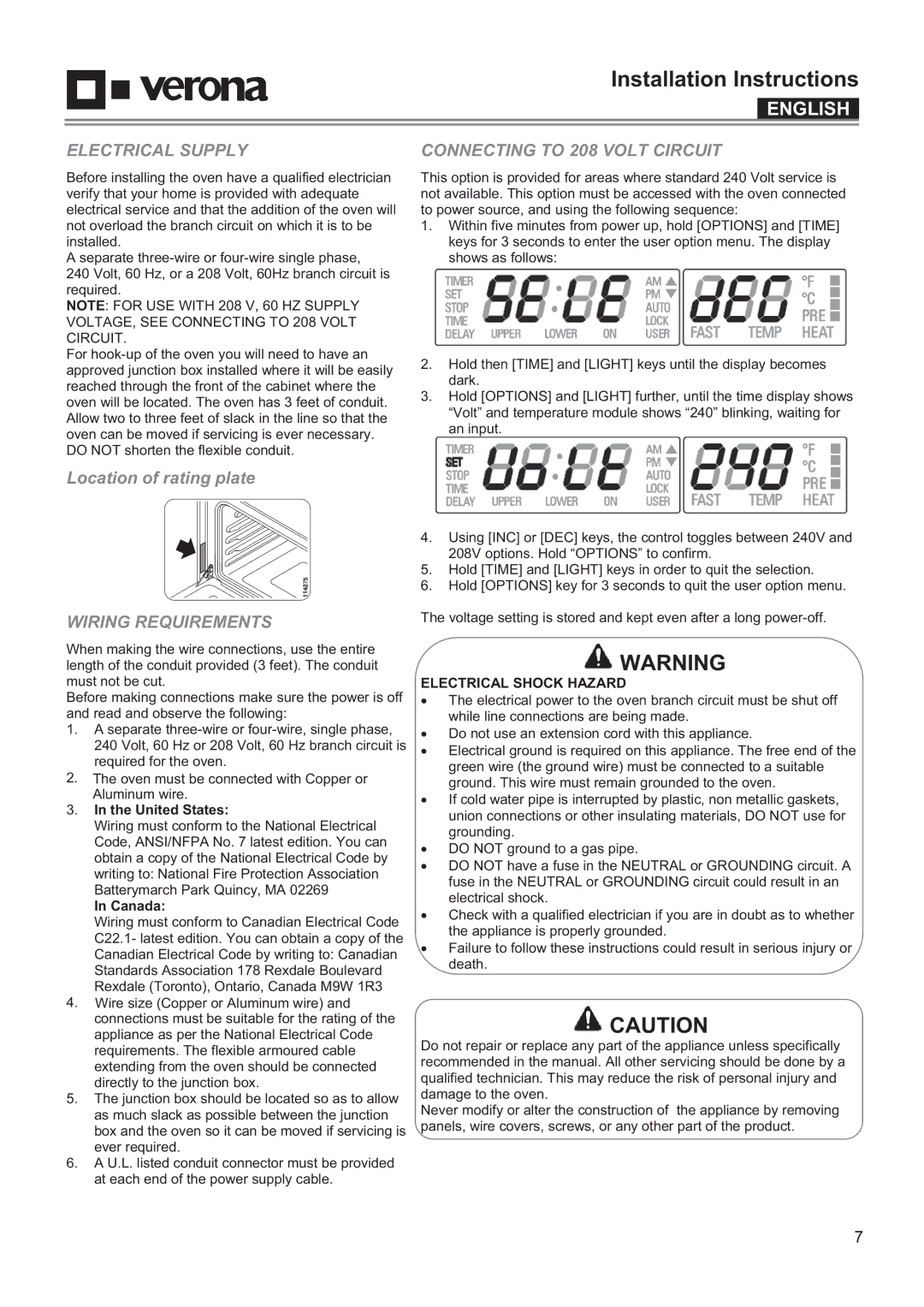 Verona VEBIEM3030DSS manual Electrical Supply, Connecting to 208 Volt Circuit, Wiring Requirements, Electrical Shock Hazard 