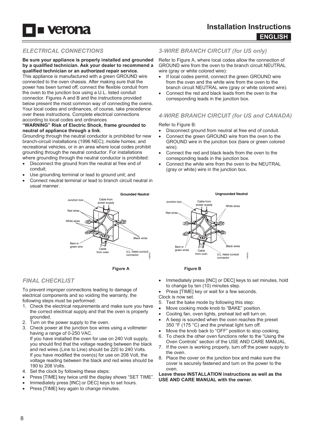 Verona VEBIEM3030SS, VEBIEM3030DSS manual Electrical Connections, Final Checklist 