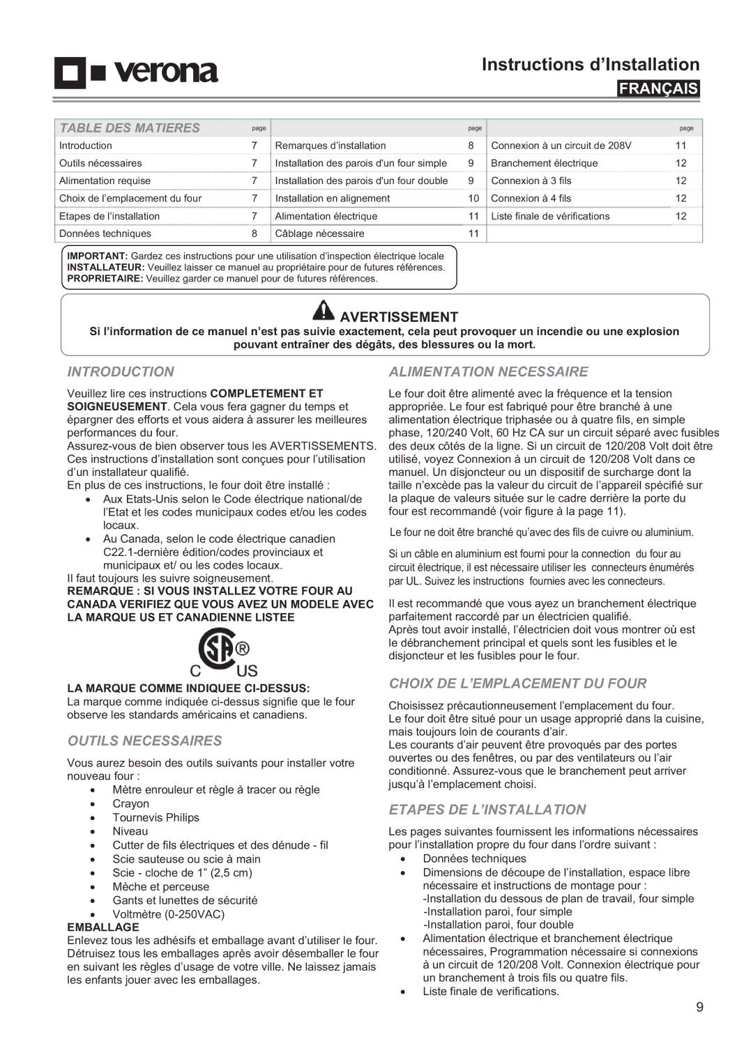 Verona VEBIEM3030DSS Outils Necessaires, Choix DE L’EMPLACEMENT DU Four, Etapes DE L’INSTALLATION, Table DES Matieres 