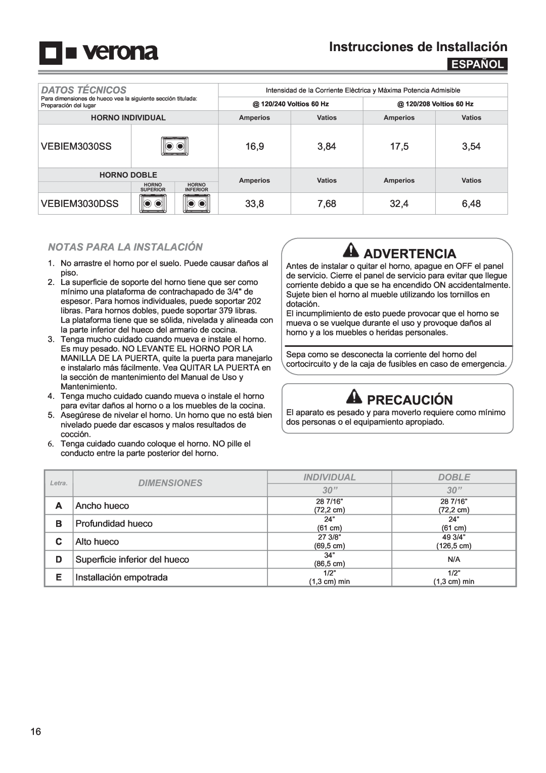 Verona VEBIEM3030SS Advertencia, Precaución, Español, Notas Para La Instalación, Datos Técnicos, 16,9, 3,84, 3,54, 33,8 