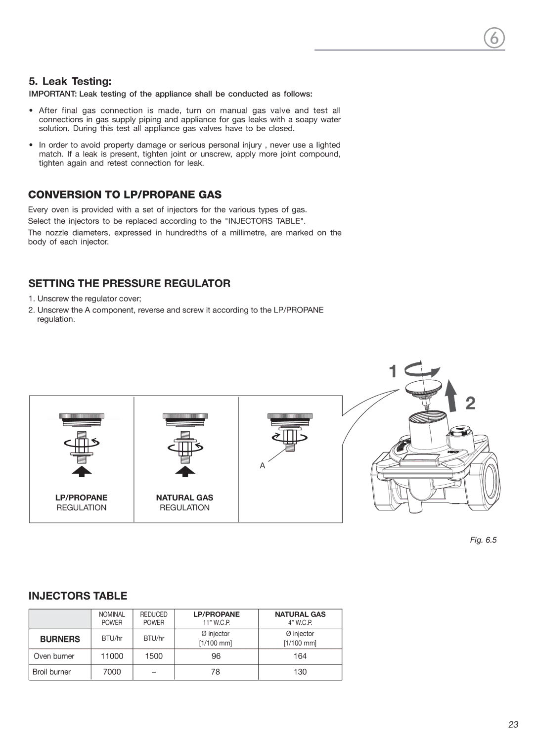 Verona VEBIG24 warranty Leak Testing, Setting the Pressure Regulator, Injectors Table 